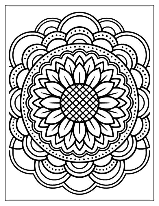 Sunflower with petals circling a lattice center inside scalloped rings, mandala