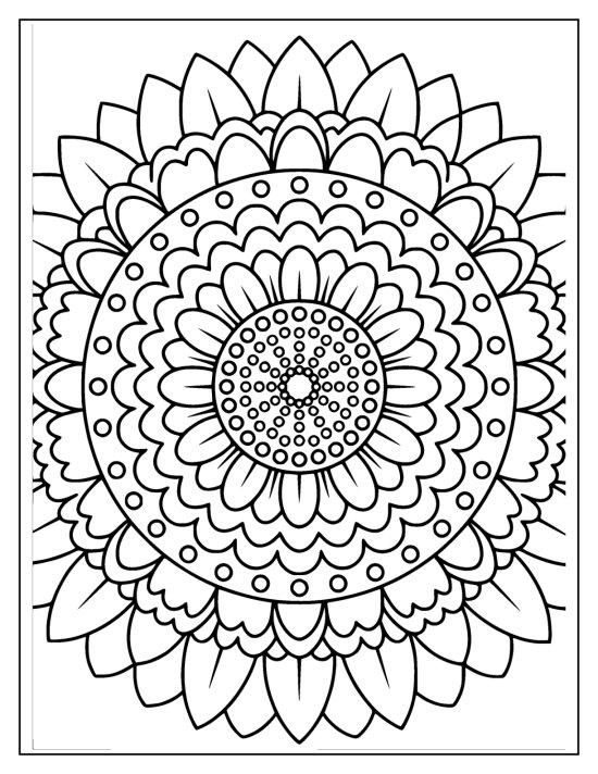 Sunflower with a rounded head of layered petals and a dotted heart, coloring page