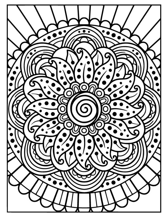 Sunflower with curling dotted petals and a spiral center in a sunburst, coloring sheet