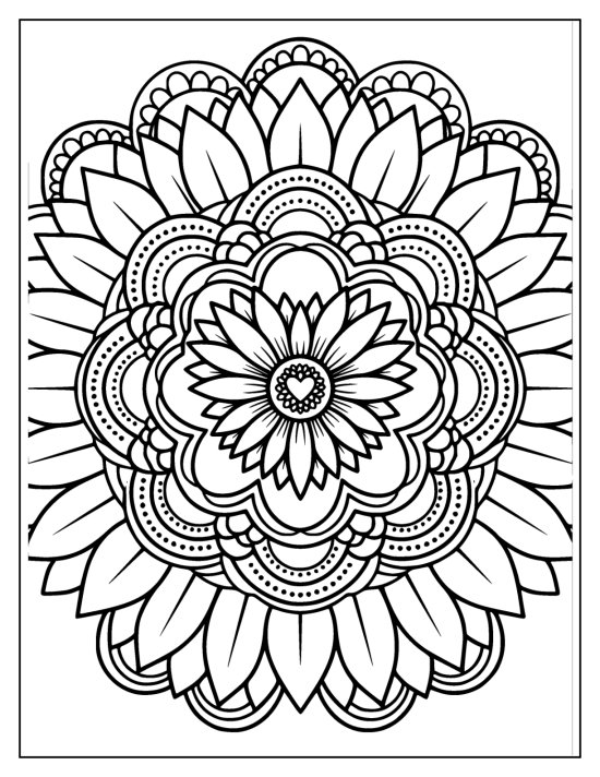 Sunflower with a heart shaped bloom of petals and a seed center, mandala
