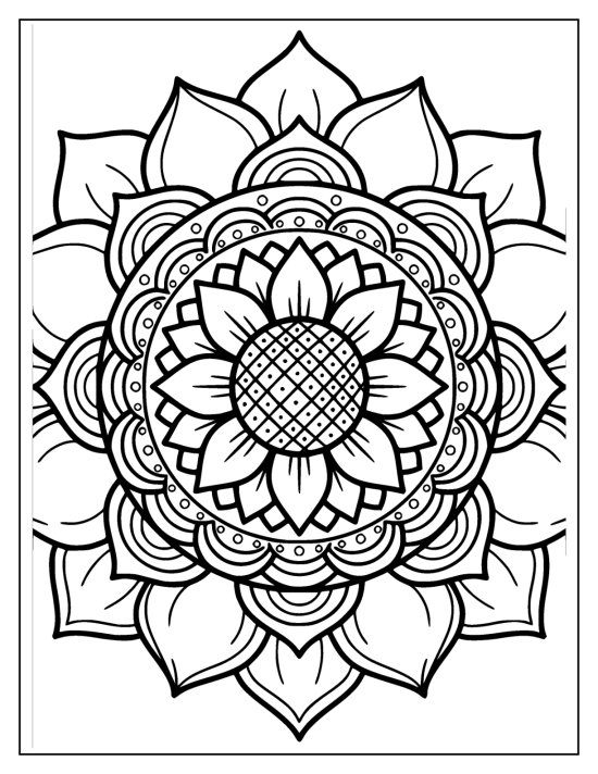Sunflower with lace like thin petals and a bold center in a lotus ring, coloring page