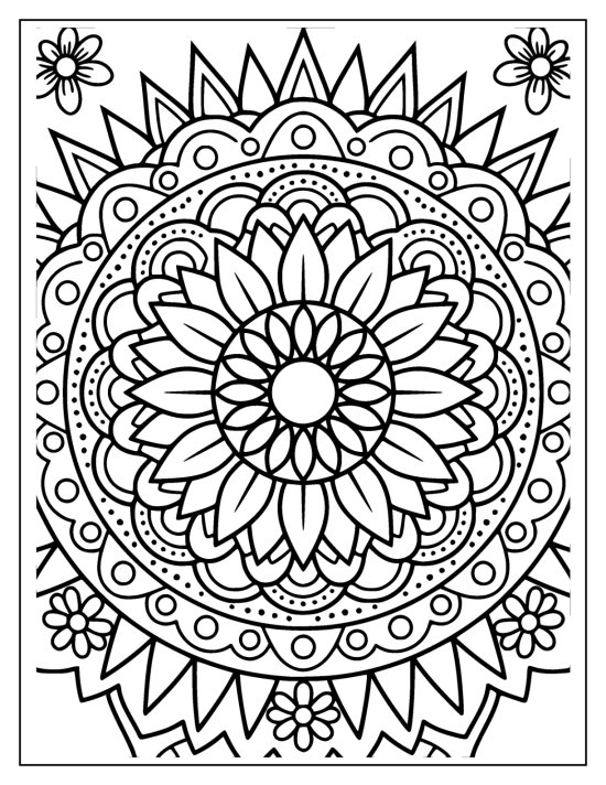 Sunflower with petals radiating into a medallion ringed by sunrays, mandala