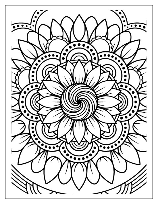 Sunflower with a full bloom of petals and a swirled center, coloring page