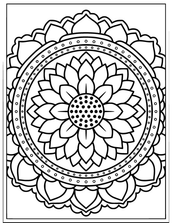 Sunflower with delicate symmetric petals inside two rings and a dotted center, coloring sheet
