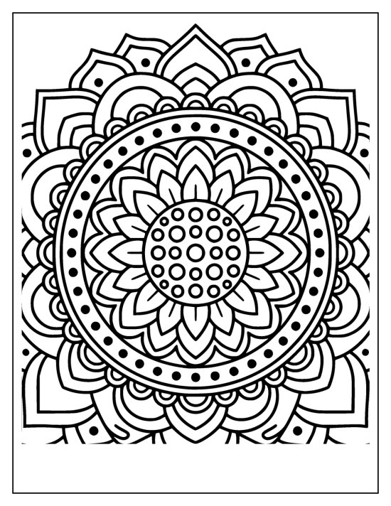 Grand sunflower with a broad face of layered petals and a rich seeded center, mandala
