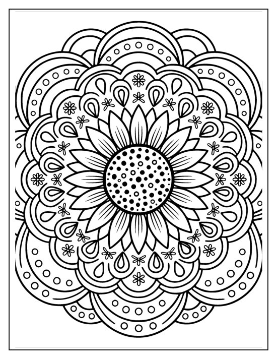 Sunflower with a bold seeded center and long petals inside a teardrop ring, coloring page