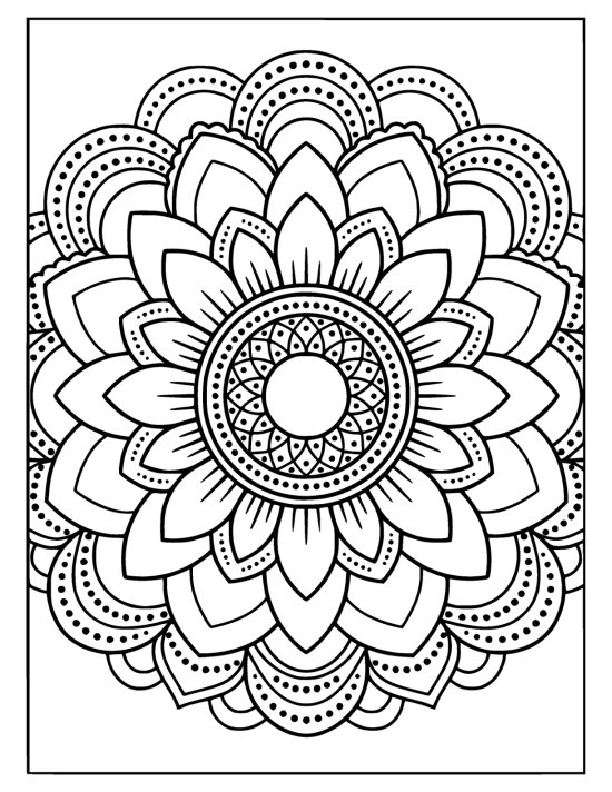 Sunflower with layered petals of different lengths and a round center, coloring sheet