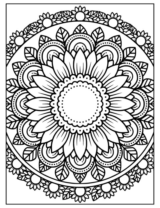 Wide sunflower with evenly fanned petals ringed by small sunflowers, mandala