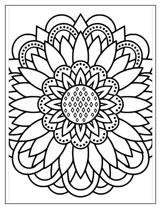Sunflower with a diamond lattice seed center and long bold petals, coloring page