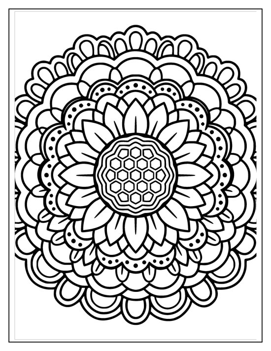 Sunflower with a honeycomb seed center and concentric petal rings, coloring sheet