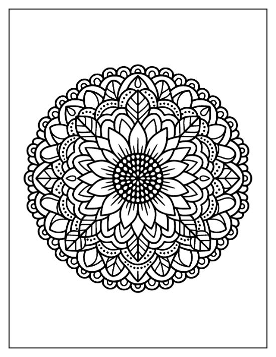blooming sunflower mandala coloring page with layered petals and a dotted seed center, mandala