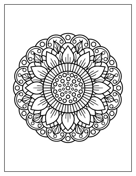 Circular floral design featuring a central sunflower with layered petals and swirling geometric patterns mandala.