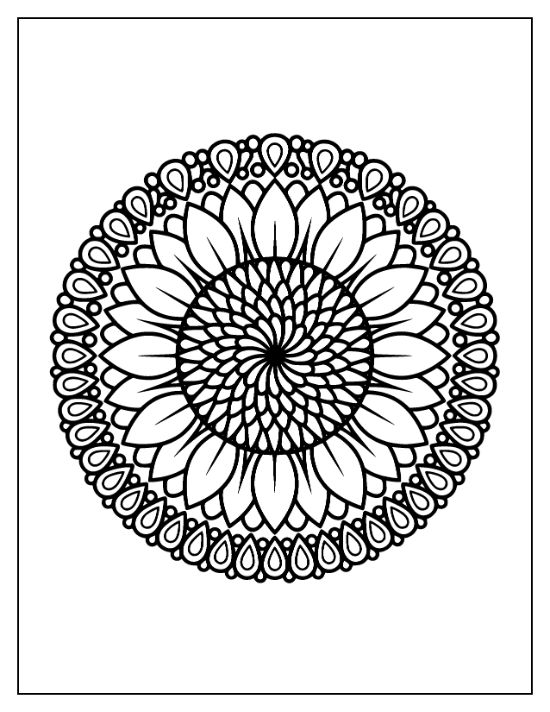Sunflower mandala with a spiral seed center and layered petals surrounded by teardrop motifs coloring sheet.