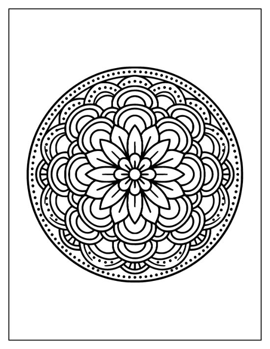 Floral mandala with a central sunflower surrounded by repeating scalloped patterns and dotted borders bold and easy.