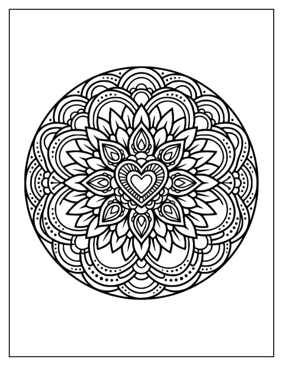 Circular sunflower mandala featuring a central heart motif and repeating layers of pointed petals and arched patterns.