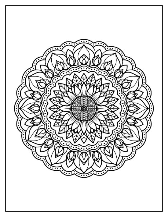 Sunflower mandala with layered petals and stippled center details in a symmetrical circular coloring sheet.