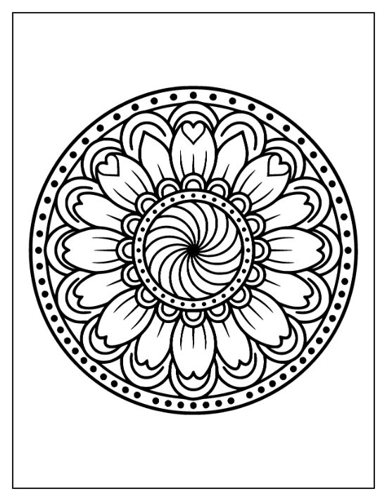 Floral mandala with a swirling center and heart shaped petal details in a bold and easy coloring page.