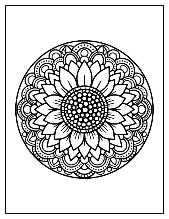 A circular sunflower design with layered petals and scalloped geometric borders in a symmetrical mandala.