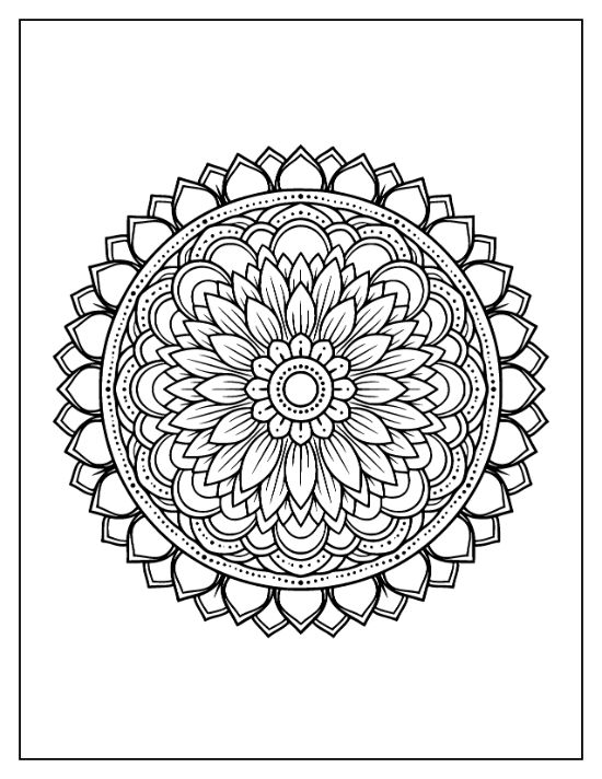 A sunflower mandala with concentric layers of pointed petals and delicate stippling details in a coloring sheet.