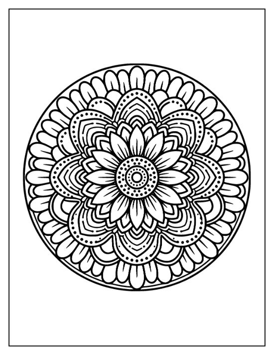 A circular sunflower mandala with layered petals and dotted patterns in a symmetrical line art composition.