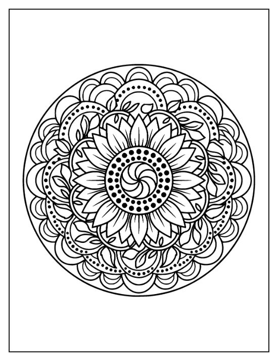 A central sunflower with layered petals and swirling leaf motifs in a symmetrical circular mandala coloring sheet.