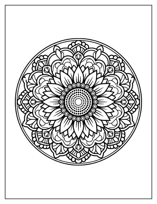 Sunflower mandala with a dotted center and layered petals surrounded by ornate circular borders coloring sheet.