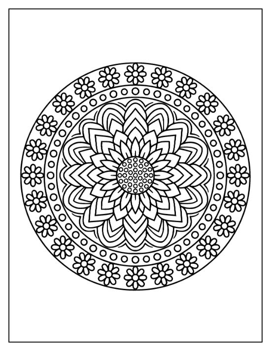 A centered sunflower mandala with layered pointed petals and a border of small daisies coloring sheet.