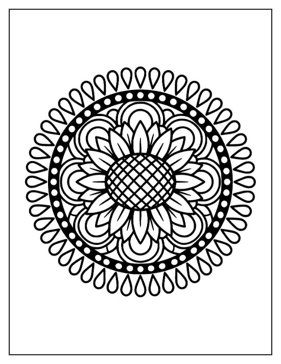 Symmetrical sunflower mandala with a crosshatched center and repeating petal layers in a bold and easy mandala.