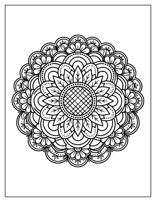 Symmetrical floral mandala featuring a crosshatched center and layered scalloped petals in a circular coloring page.
