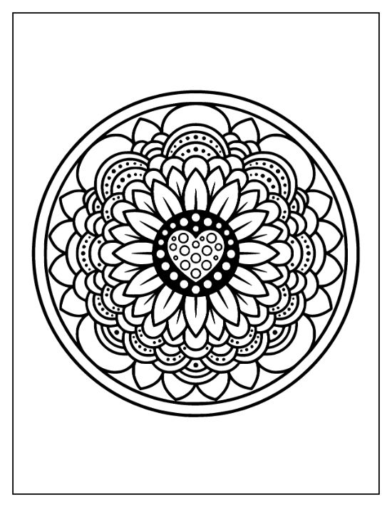 Circular sunflower mandala with a heart center and layered petals in a bold and easy coloring page.