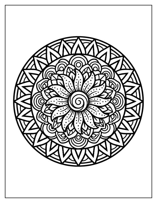 Sunflower mandala with a spiral center and concentric rings of geometric petals and scalloped patterns coloring sheet.