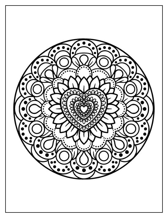 Circular mandala featuring a central heart surrounded by sunflower petals and dotted geometric patterns coloring sheet.