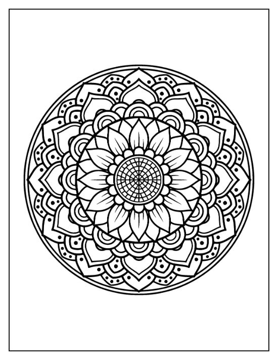 Symmetrical floral mandala featuring a central sunflower with layered petals and geometric patterns in a coloring sheet.