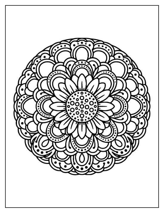 Sunflower center with radiating petals and scalloped circular borders creates a symmetrical floral mandala coloring sheet.