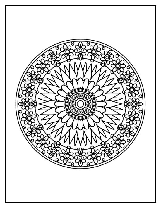 Circular floral mandala featuring a central sunflower with radiating pointed petals and a border of small blossoms coloring sheet.
