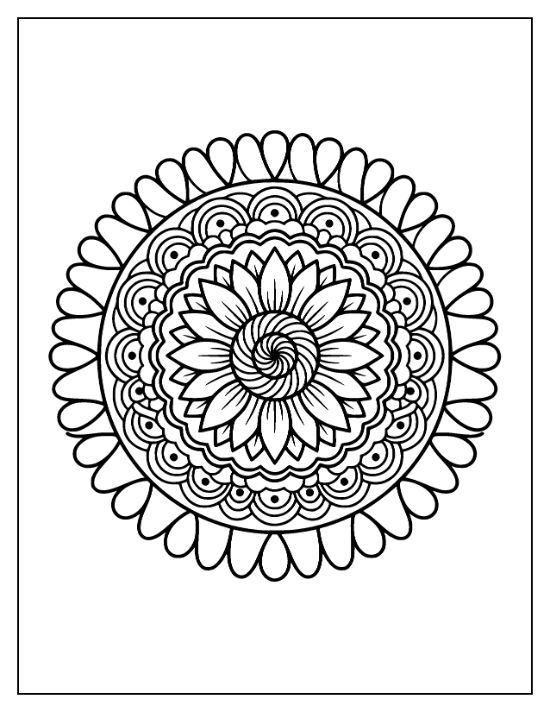 Symmetrical sunflower mandala with layered petals and geometric rings in a circular floral coloring sheet.