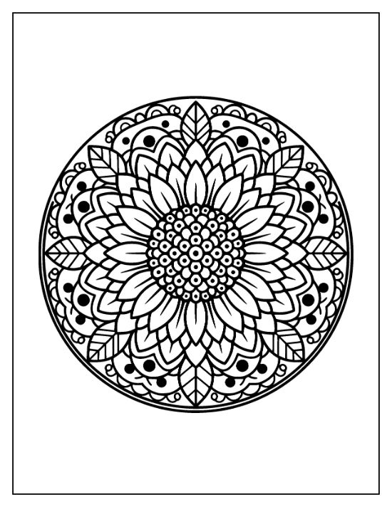 Sunflower mandala featuring concentric layers of pointed petals and small circular seeds in a symmetrical coloring page.