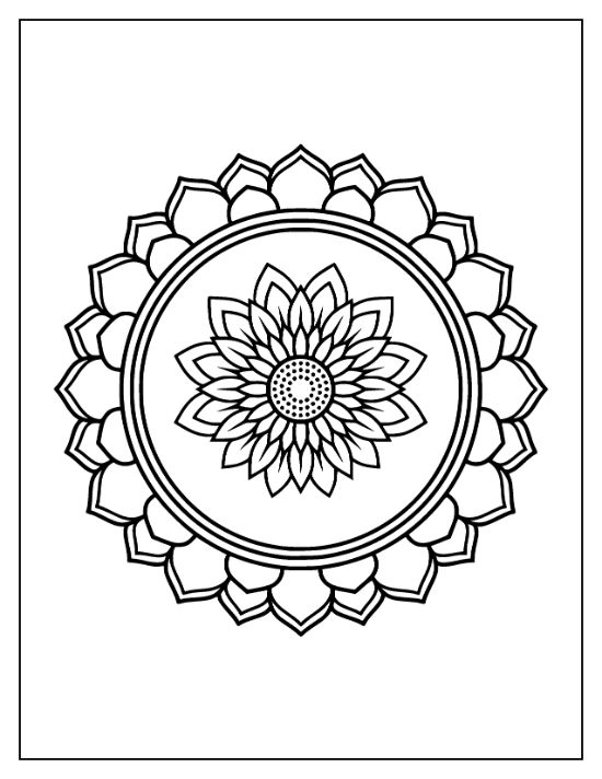 Symmetrical flower mandala with a dotted center and layered pointed petals in a bold line art style.