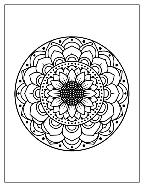 Symmetrical sunflower mandala with layered petals and a dotted seed center in a bold and easy coloring page.
