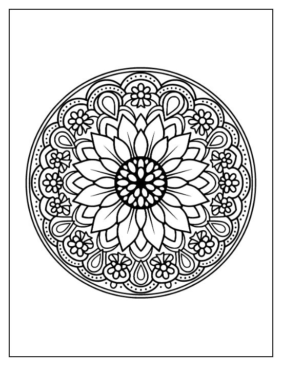 Sunflower petals radiate from a central seed disk surrounded by smaller blossoms and teardrop shapes mandala.