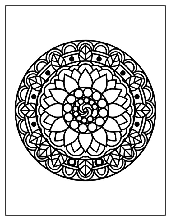 Circular floral mandala featuring a central sunflower with layered petals and geometric leaf borders bold and easy.