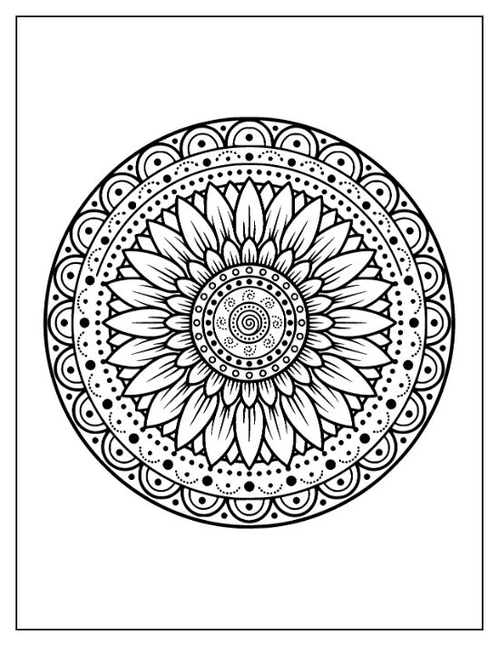 Sunflower petals radiate from a central spiral surrounded by concentric circles of dots and scalloped patterns mandala.