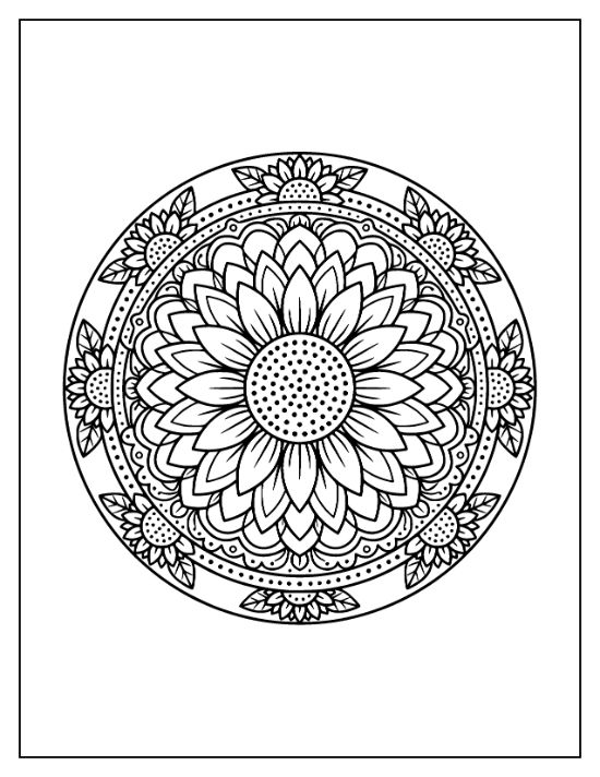 Sunflower mandala with layered petals and a dotted center surrounded by smaller floral motifs coloring sheet.