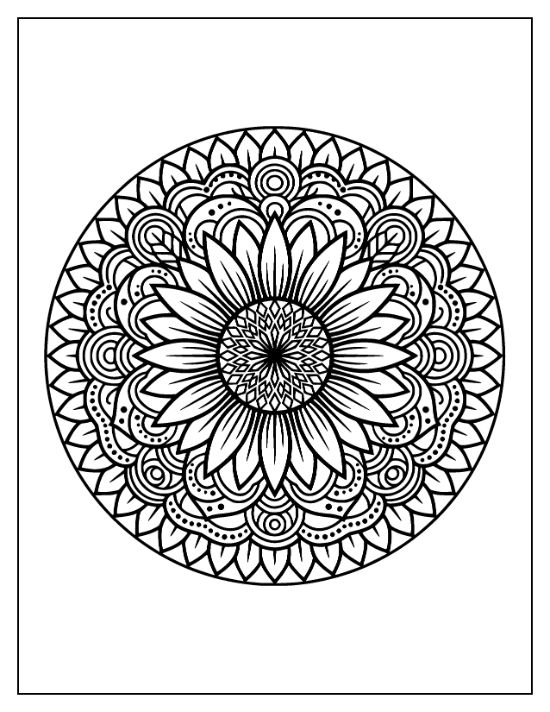 A large sunflower head sits at the center of a circular floral pattern with repeating leaf motifs mandala.
