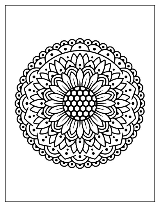 Sunflower mandala with a honeycomb center and repeating layers of pointed petals and scalloped borders coloring sheet.