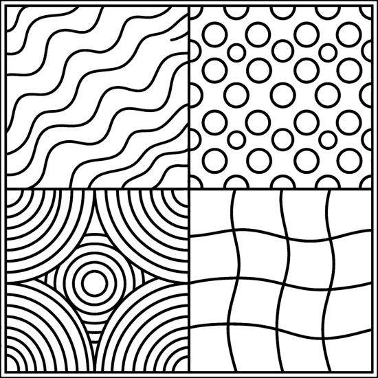 Four quadrants of waves, dots, arcs and checker curves in bold outlines, coloring page