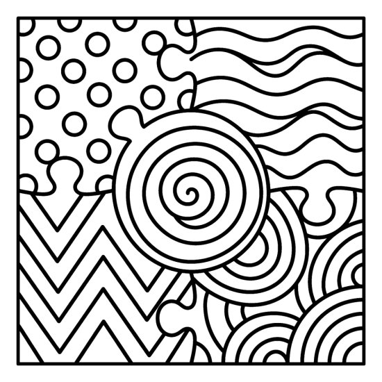 Five puzzle sections of dots, waves, arcs, chevrons and a spiral, bold and easy