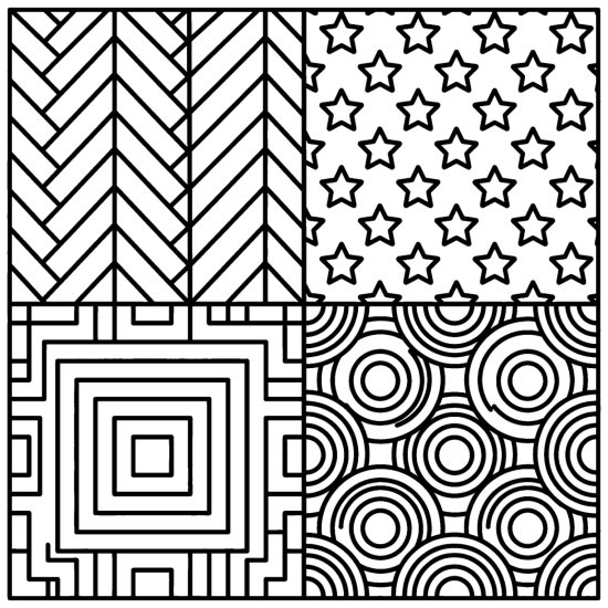 Quadrants of herringbone, stars, nested squares and ripple circles, coloring page