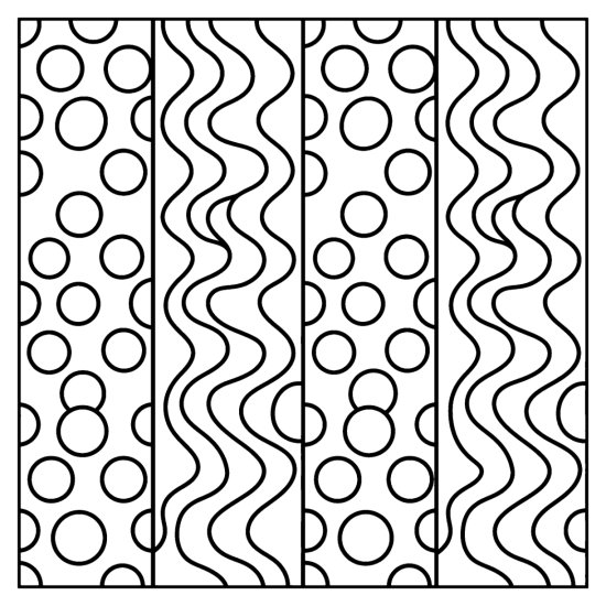 Four vertical bands alternating round dots and wavy lines in bold outlines, coloring sheet