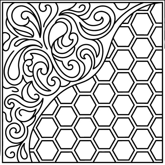 A bold S curve dividing paisley swirls from a honeycomb of hexagons, bold and easy